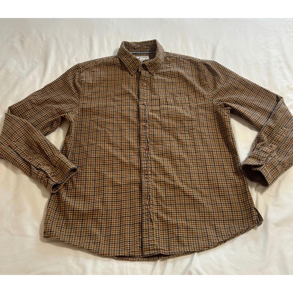 Free Assembly Mens Plaid Flannel Shirt Brown Blue Button Down Medium